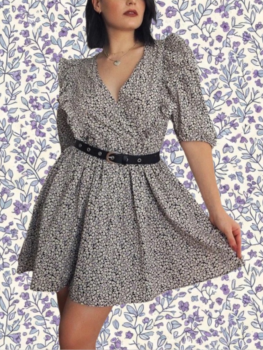 H&M Floral Puff Sleeve Mini V Neck Babydoll Dress Sz M (Fits up to L/XL)